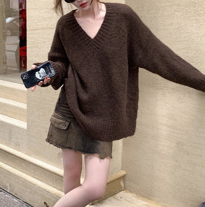 Pulover din Alpaca Spray Yarn, decolteu în V, mâneci lungi, lungime standard, tricot gros — stil casual japonez-coreean