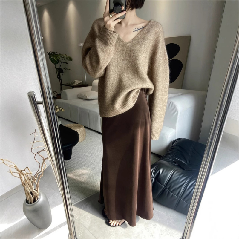 Pulover din Alpaca Spray Yarn, decolteu în V, mâneci lungi, lungime standard, tricot gros — stil casual japonez-coreean