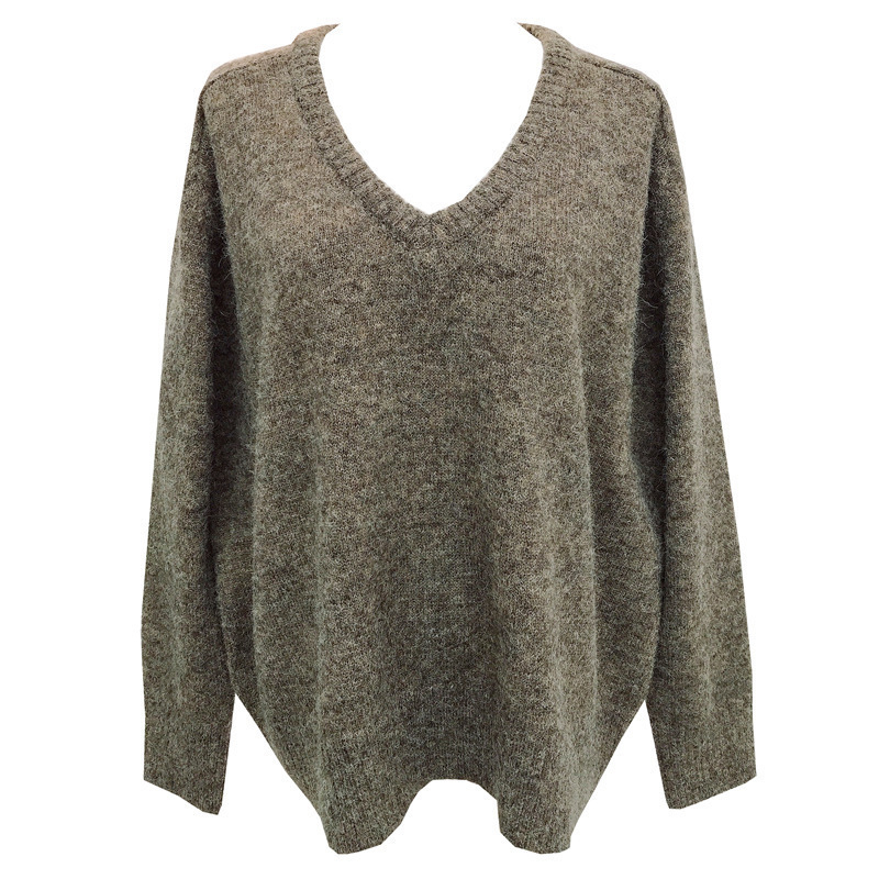 Pulover din Alpaca Spray Yarn, decolteu în V, mâneci lungi, lungime standard, tricot gros — stil casual japonez-coreean