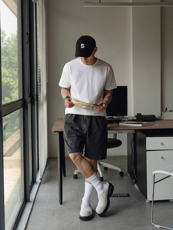 Ανδρικά τζιν σορτς, φαρδιά γραμμή, ιαπωνικού εμπνευσμένου στυλ, πλυμένα με πέτρα, vintage βαμβακερό τζιν, με πολλές τσέπες