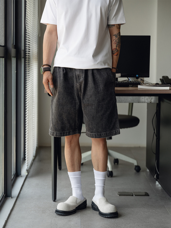 Ανδρικά τζιν σορτς, φαρδιά γραμμή, ιαπωνικού εμπνευσμένου στυλ, πλυμένα με πέτρα, vintage βαμβακερό τζιν, με πολλές τσέπες