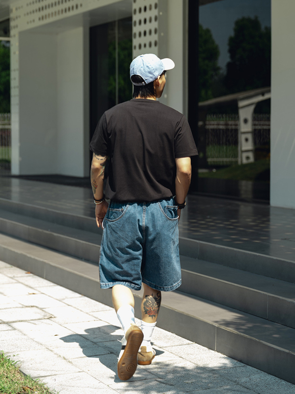 Ανδρικά τζιν σορτς, φαρδιά γραμμή, ιαπωνικού εμπνευσμένου στυλ, πλυμένα με πέτρα, vintage βαμβακερό τζιν, με πολλές τσέπες