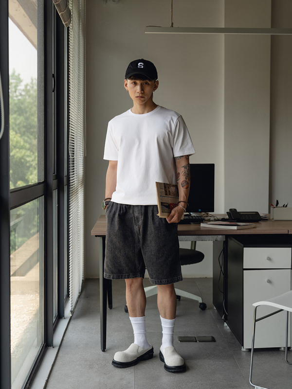 Ανδρικά τζιν σορτς, φαρδιά γραμμή, ιαπωνικού εμπνευσμένου στυλ, πλυμένα με πέτρα, vintage βαμβακερό τζιν, με πολλές τσέπες