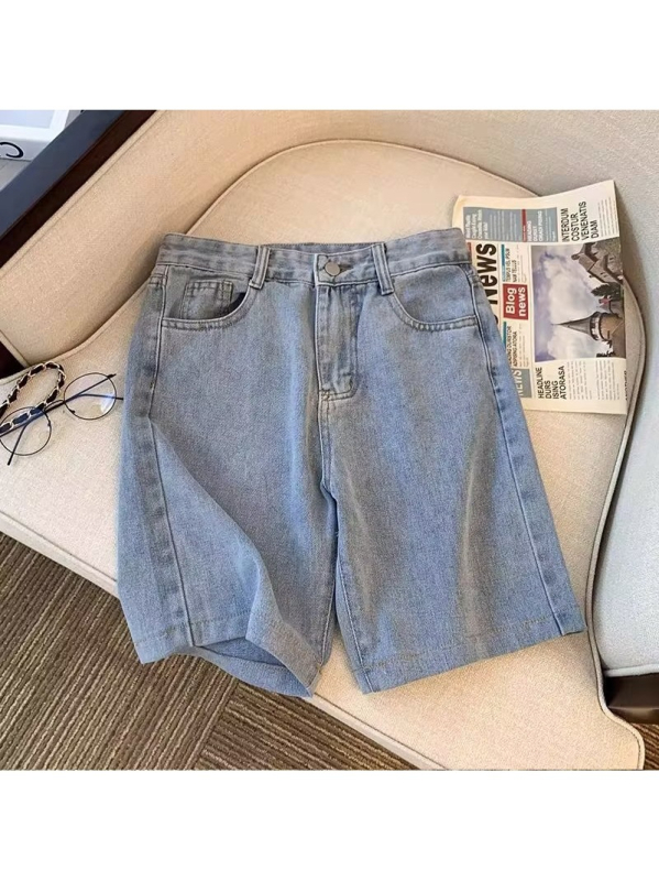 Ανδρικά τζιν σορτς, μεσαία μέση, ίσια γραμμή, πλυμένο βαμβάκι, φερμουάρ