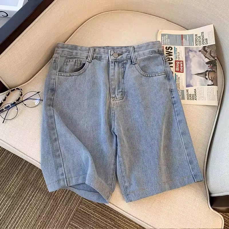 Ανδρικά τζιν σορτς, μεσαία μέση, ίσια γραμμή, πλυμένο βαμβάκι, φερμουάρ