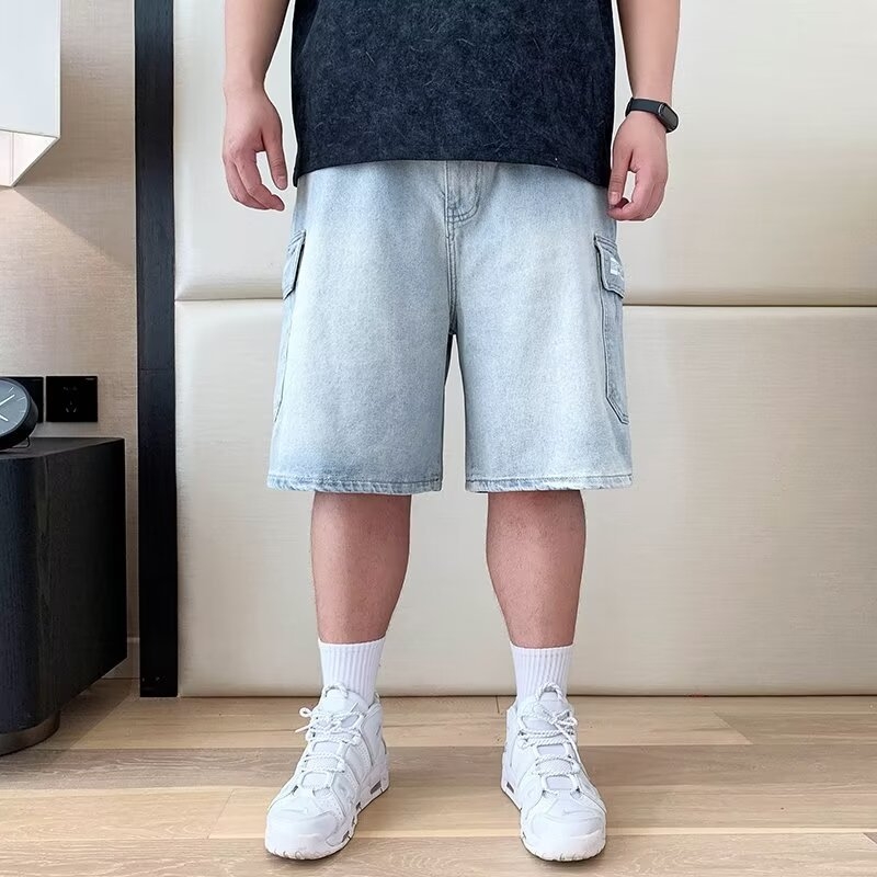 Shorts de denim pentru bărbați mărime plus, denim ușor stretch, croială lejeră drept, lungime până la mijlocul coapsei, vară