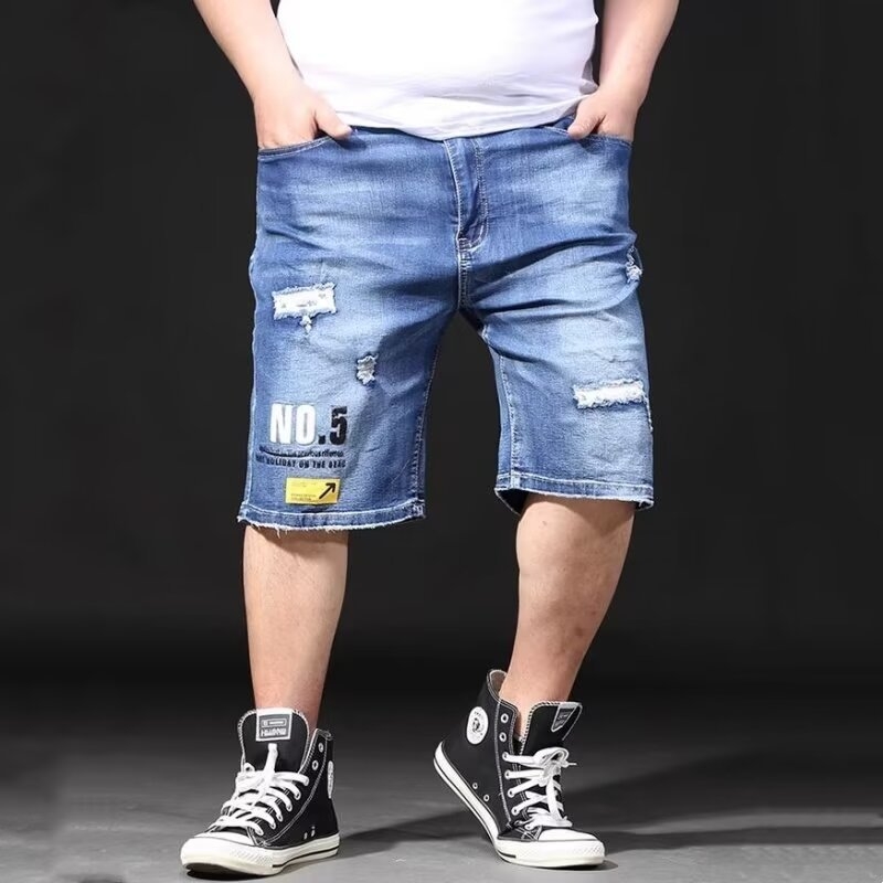 Shorts de denim pentru bărbați mărime plus, denim ușor stretch, croială lejeră drept, lungime până la mijlocul coapsei, vară