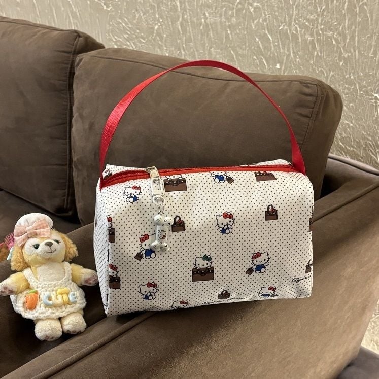 Geantă de cosmetică cu model pisicuță cu buline, capacitate mare, poliester, portabilă pentru călătorii, pentru femei