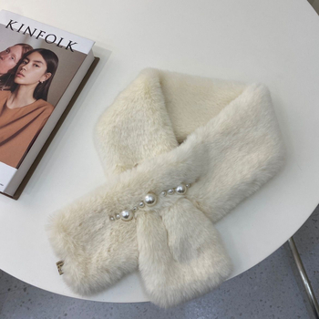 Șal pentru femei în stil coreean, eșarfă pluș cu perle pentru gât, poliester, țesătură Twill, warp knitting, menține cald, sezonul de iarnă 2024