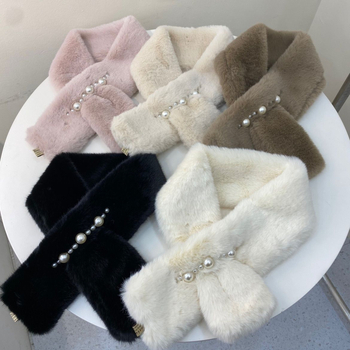 Șal pentru femei în stil coreean, eșarfă pluș cu perle pentru gât, poliester, țesătură Twill, warp knitting, menține cald, sezonul de iarnă 2024