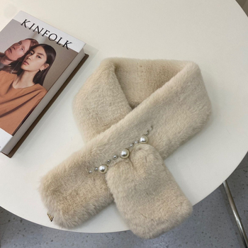 Șal pentru femei în stil coreean, eșarfă pluș cu perle pentru gât, poliester, țesătură Twill, warp knitting, menține cald, sezonul de iarnă 2024