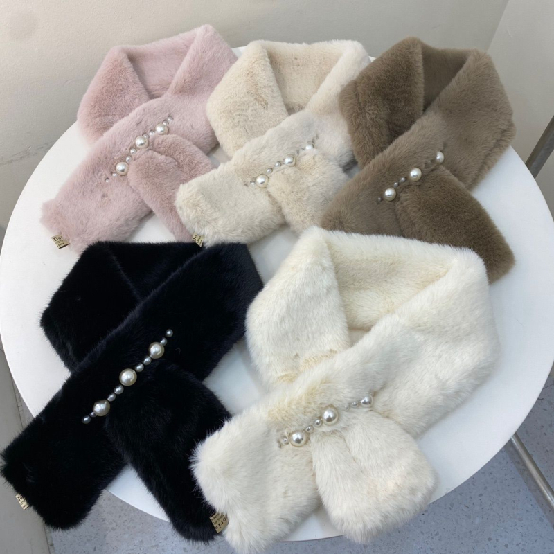 Șal pentru femei în stil coreean, eșarfă pluș cu perle pentru gât, poliester, țesătură Twill, warp knitting, menține cald, sezonul de iarnă 2024