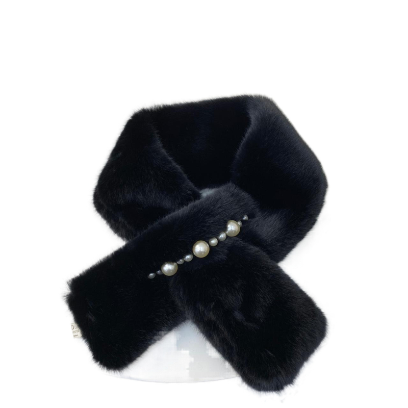 Șal pentru femei în stil coreean, eșarfă pluș cu perle pentru gât, poliester, țesătură Twill, warp knitting, menține cald, sezonul de iarnă 2024