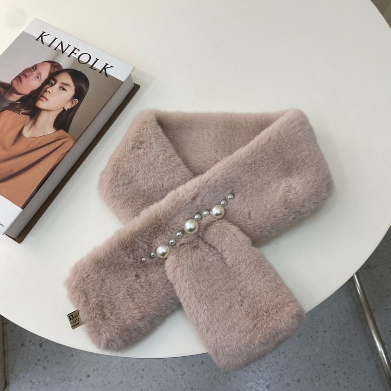 Șal pentru femei în stil coreean, eșarfă pluș cu perle pentru gât, poliester, țesătură Twill, warp knitting, menține cald, sezonul de iarnă 2024