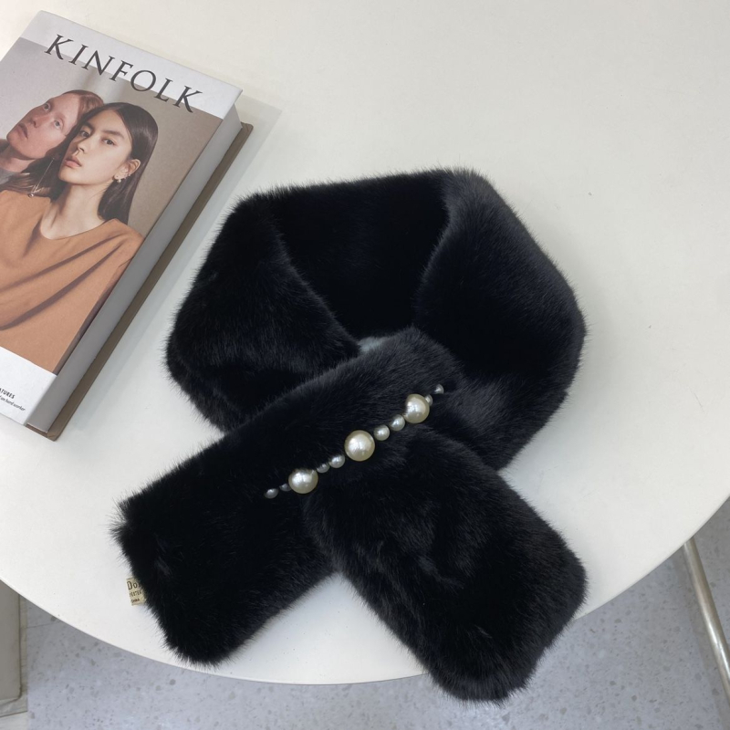Șal pentru femei în stil coreean, eșarfă pluș cu perle pentru gât, poliester, țesătură Twill, warp knitting, menține cald, sezonul de iarnă 2024