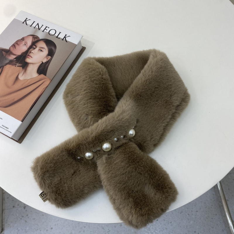 Șal pentru femei în stil coreean, eșarfă pluș cu perle pentru gât, poliester, țesătură Twill, warp knitting, menține cald, sezonul de iarnă 2024