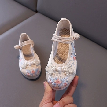 Pantofi Hanfu pentru Fete - partea superioară din satin, talpă din tendon de vită, broderie manuală, stil etnic, pentru vârste între 1 și 12 ani