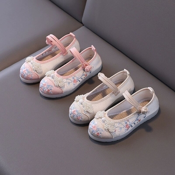 Pantofi Hanfu pentru Fete - partea superioară din satin, talpă din tendon de vită, broderie manuală, stil etnic, pentru vârste între 1 și 12 ani