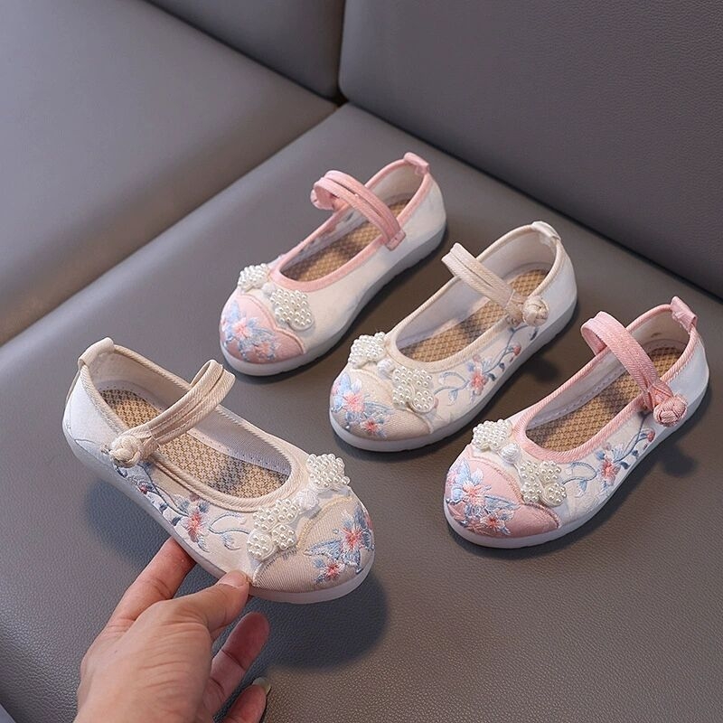 Pantofi Hanfu pentru Fete - partea superioară din satin, talpă din tendon de vită, broderie manuală, stil etnic, pentru vârste între 1 și 12 ani