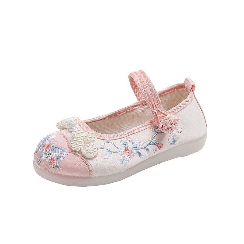 Pantofi Hanfu pentru Fete - partea superioară din satin, talpă din tendon de vită, broderie manuală, stil etnic, pentru vârste între 1 și 12 ani