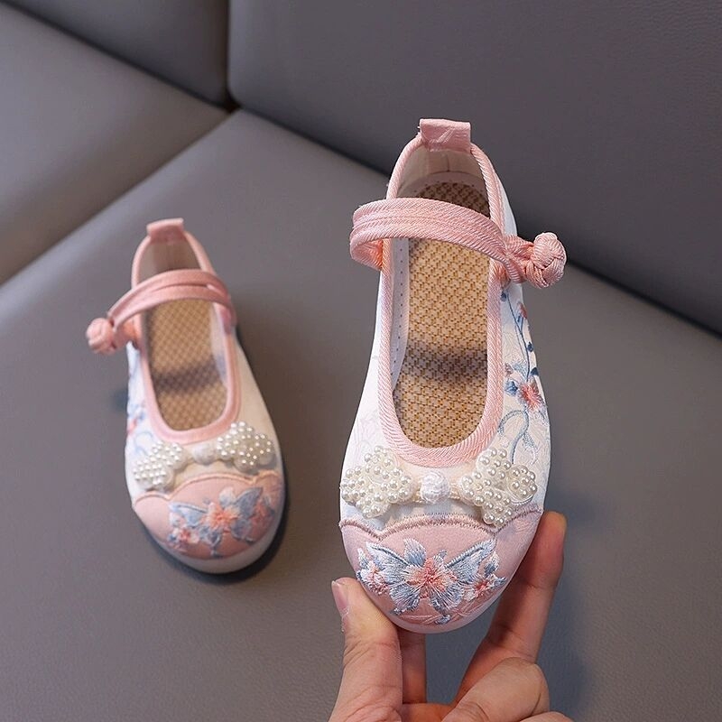 Pantofi Hanfu pentru Fete - partea superioară din satin, talpă din tendon de vită, broderie manuală, stil etnic, pentru vârste între 1 și 12 ani