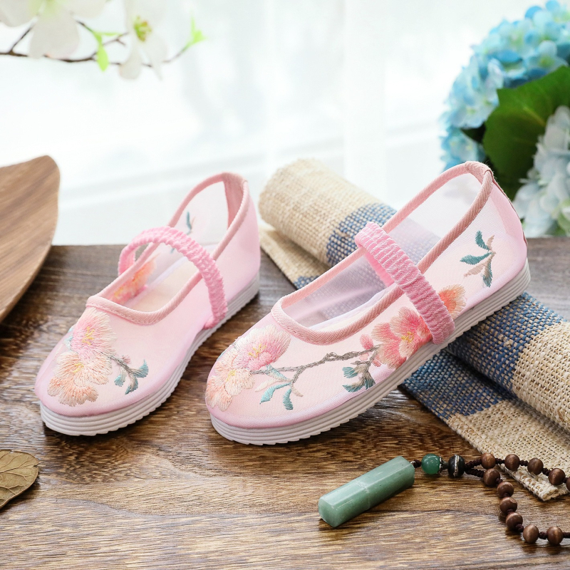 Sandale pentru copii cu plasă și broderie - model floral, închidere cu cataramă, talpă PVC, pantofi retro de plajă pentru fete, vârsta 7–12 ani