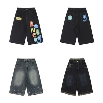 Βαμβακερά σορτς καπι μήκους, unisex, με εκτύπωση γραμμάτων και διακόσμηση με χάντρες, άνετη γραμμή, καλοκαίρι 2025