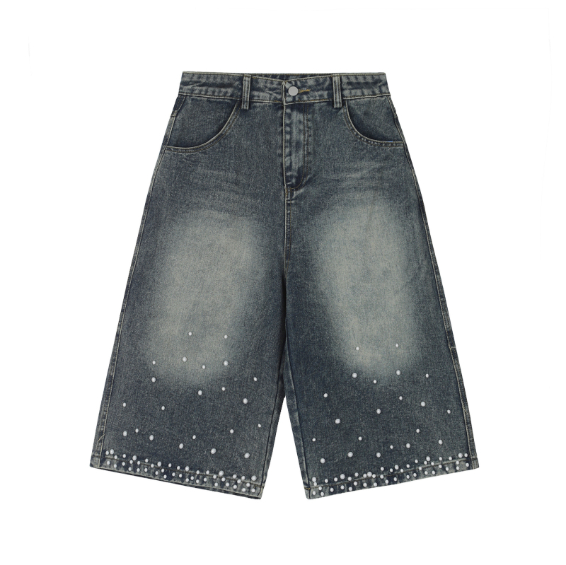 Βαμβακερά σορτς καπι μήκους, unisex, με εκτύπωση γραμμάτων και διακόσμηση με χάντρες, άνετη γραμμή, καλοκαίρι 2025