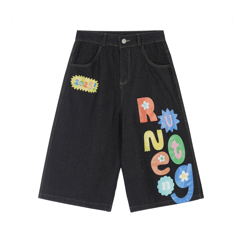 Βαμβακερά σορτς καπι μήκους, unisex, με εκτύπωση γραμμάτων και διακόσμηση με χάντρες, άνετη γραμμή, καλοκαίρι 2025