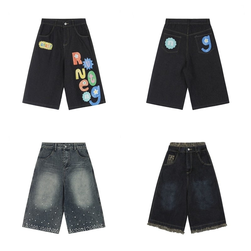 Βαμβακερά σορτς καπι μήκους, unisex, με εκτύπωση γραμμάτων και διακόσμηση με χάντρες, άνετη γραμμή, καλοκαίρι 2025