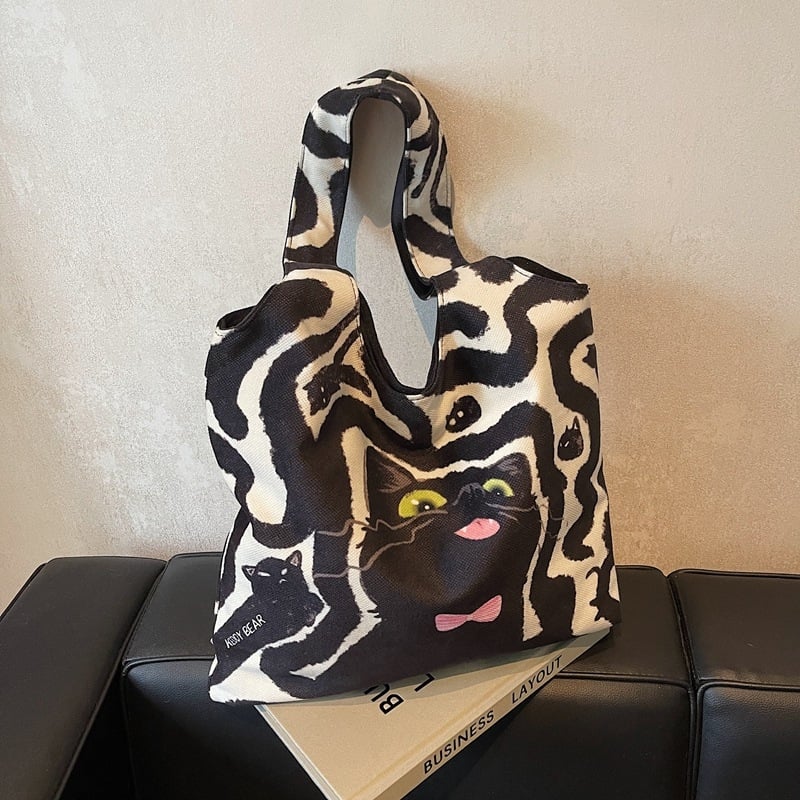 Ženska PVC tote torba s motivom mačke, korejski stil, magnetsko zatvaranje, vertikalni kvadratni oblik; vanjski PVC, podstava od platna; unutarnji džepovi sa zipom: telefon, ID