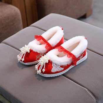 Ghete pentru fete, stil etnic, partea superioară din mătase, căptușeală din catifea, branț din păr artificial, talpă din tendon de vită