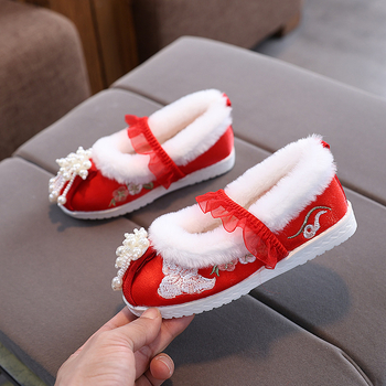 Ghete pentru fete, stil etnic, partea superioară din mătase, căptușeală din catifea, branț din păr artificial, talpă din tendon de vită