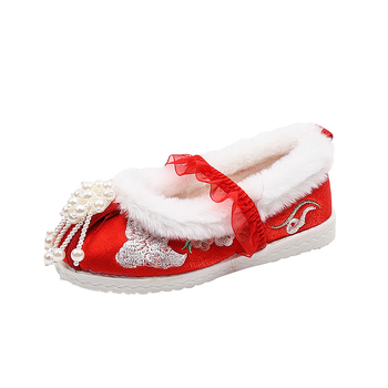 Ghete pentru fete, stil etnic, partea superioară din mătase, căptușeală din catifea, branț din păr artificial, talpă din tendon de vită