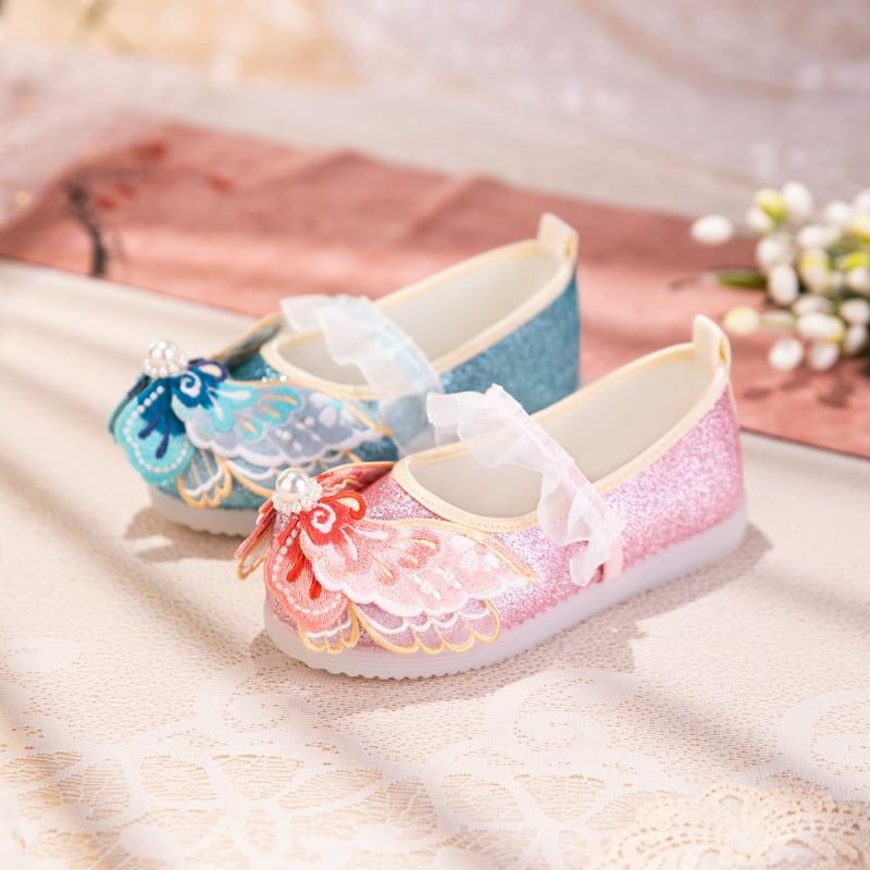 Dječje Hanfu cipele s izvezenim uzorkom, s uzdignutom vrhom, mekim potplatom, ljeto, etnički stil