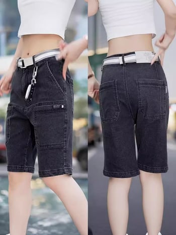 Ανδρικά σορτς τζιν cargo με έξι τσέπες, μικροελαστικά, 87% βαμβάκι, κοντό μήκος με ίσια γραμμή, καλοκαίρι 2024