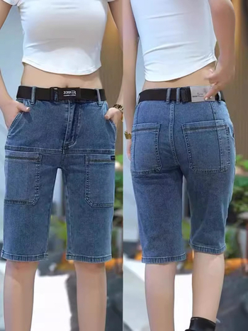 Ανδρικά σορτς τζιν cargo με έξι τσέπες, μικροελαστικά, 87% βαμβάκι, κοντό μήκος με ίσια γραμμή, καλοκαίρι 2024