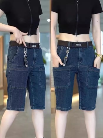 Ανδρικά σορτς τζιν cargo με έξι τσέπες, μικροελαστικά, 87% βαμβάκι, κοντό μήκος με ίσια γραμμή, καλοκαίρι 2024