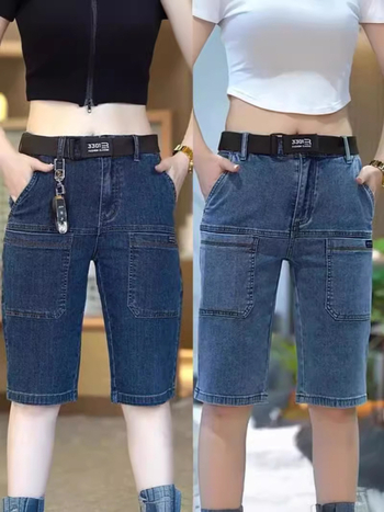 Ανδρικά σορτς τζιν cargo με έξι τσέπες, μικροελαστικά, 87% βαμβάκι, κοντό μήκος με ίσια γραμμή, καλοκαίρι 2024