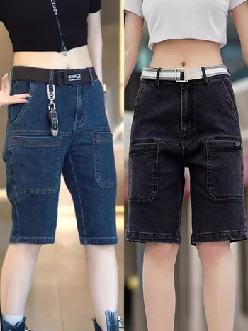 Ανδρικά σορτς τζιν cargo με έξι τσέπες, μικροελαστικά, 87% βαμβάκι, κοντό μήκος με ίσια γραμμή, καλοκαίρι 2024