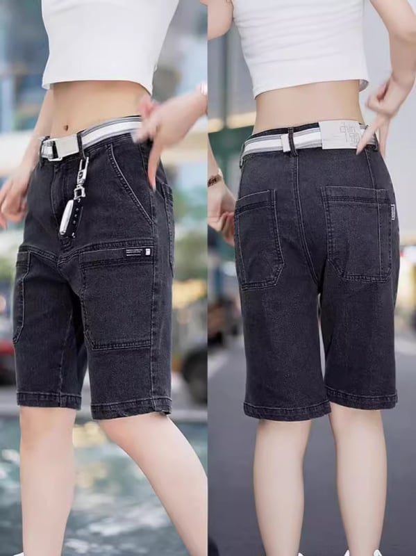 Ανδρικά σορτς τζιν cargo με έξι τσέπες, μικροελαστικά, 87% βαμβάκι, κοντό μήκος με ίσια γραμμή, καλοκαίρι 2024