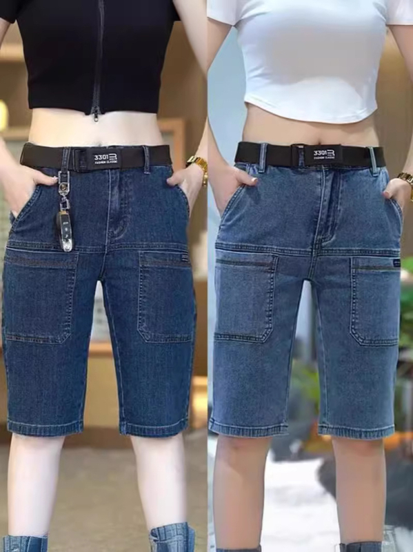 Ανδρικά σορτς τζιν cargo με έξι τσέπες, μικροελαστικά, 87% βαμβάκι, κοντό μήκος με ίσια γραμμή, καλοκαίρι 2024