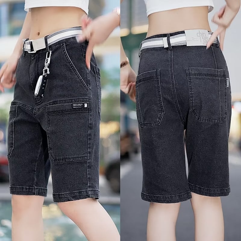 Ανδρικά σορτς τζιν cargo με έξι τσέπες, μικροελαστικά, 87% βαμβάκι, κοντό μήκος με ίσια γραμμή, καλοκαίρι 2024