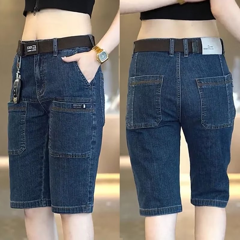 Ανδρικά σορτς τζιν cargo με έξι τσέπες, μικροελαστικά, 87% βαμβάκι, κοντό μήκος με ίσια γραμμή, καλοκαίρι 2024