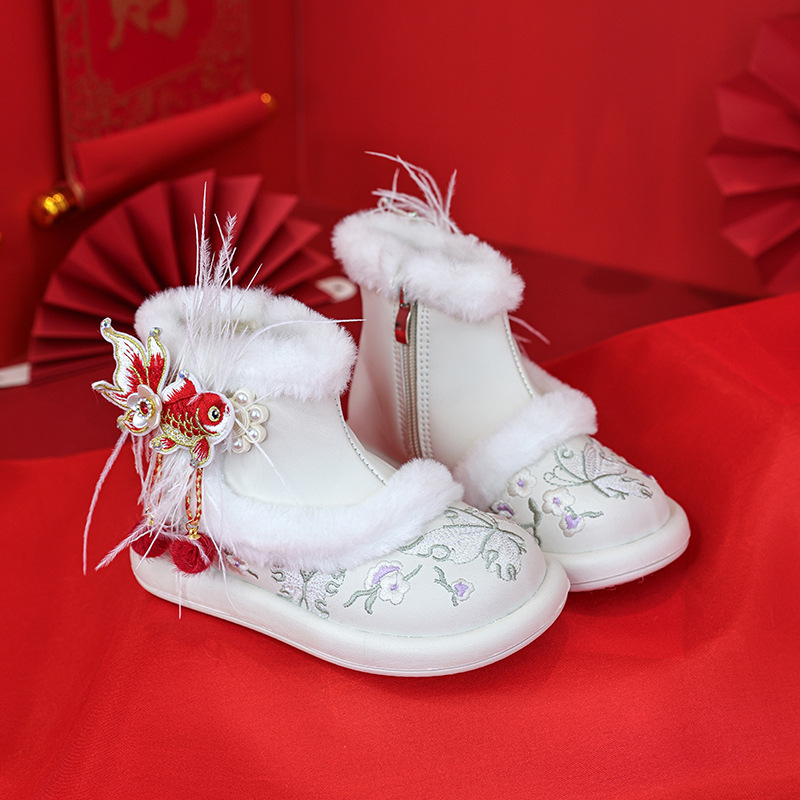 Dječje Hanfu zimske čizme za djevojčice, ručno izvezene, gornji dio od velura, gumeni potplat, zatvaranje na Velcro, za dob 4–6 godina
