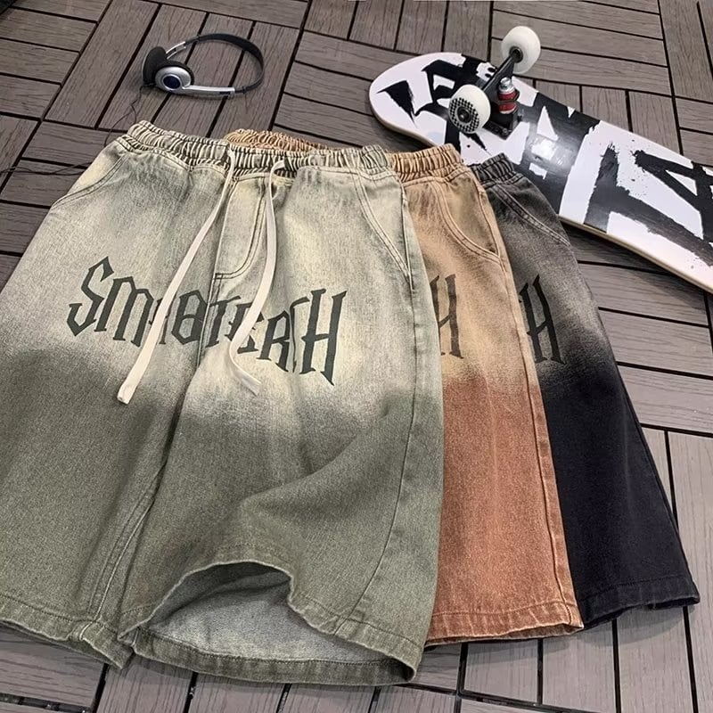 Ανδρικά παντελόνια με κορδόνι, ίσια γραμμή, πολυεστερική ανάμιξη, μήκος πέντε σημείων, 80% πολυεστέρας, αστικό στυλ δρόμου, Chaotic Tide