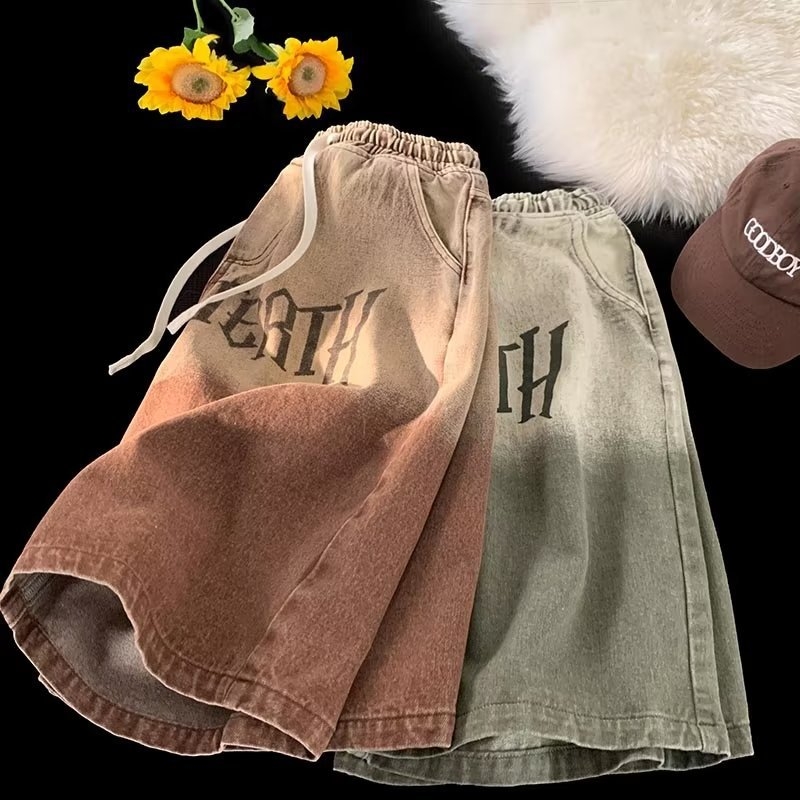 Ανδρικά παντελόνια με κορδόνι, ίσια γραμμή, πολυεστερική ανάμιξη, μήκος πέντε σημείων, 80% πολυεστέρας, αστικό στυλ δρόμου, Chaotic Tide