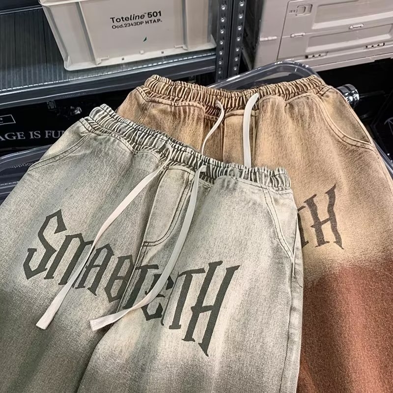 Ανδρικά παντελόνια με κορδόνι, ίσια γραμμή, πολυεστερική ανάμιξη, μήκος πέντε σημείων, 80% πολυεστέρας, αστικό στυλ δρόμου, Chaotic Tide