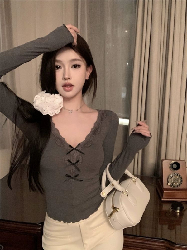 Ženski top s čipkom i mašnicom, dugi rukav, korejskog stila, rayon tkanina, V-izrez, slim fit