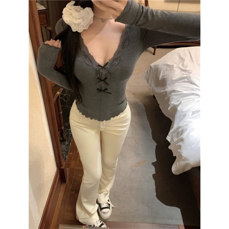 Ženski top s čipkom i mašnicom, dugi rukav, korejskog stila, rayon tkanina, V-izrez, slim fit